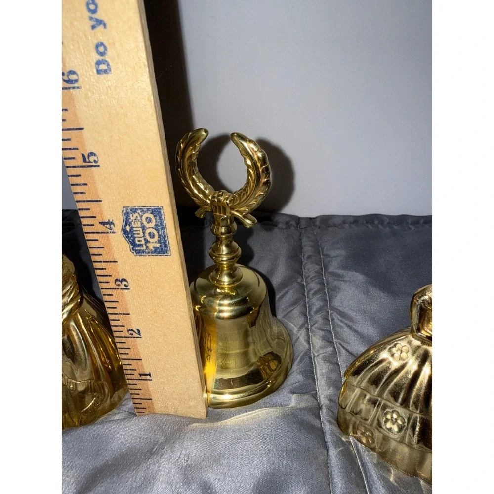 Vintage Polished Brass Hand Bells Set of 3 Victorian Lady & Laurel Wreath Gold